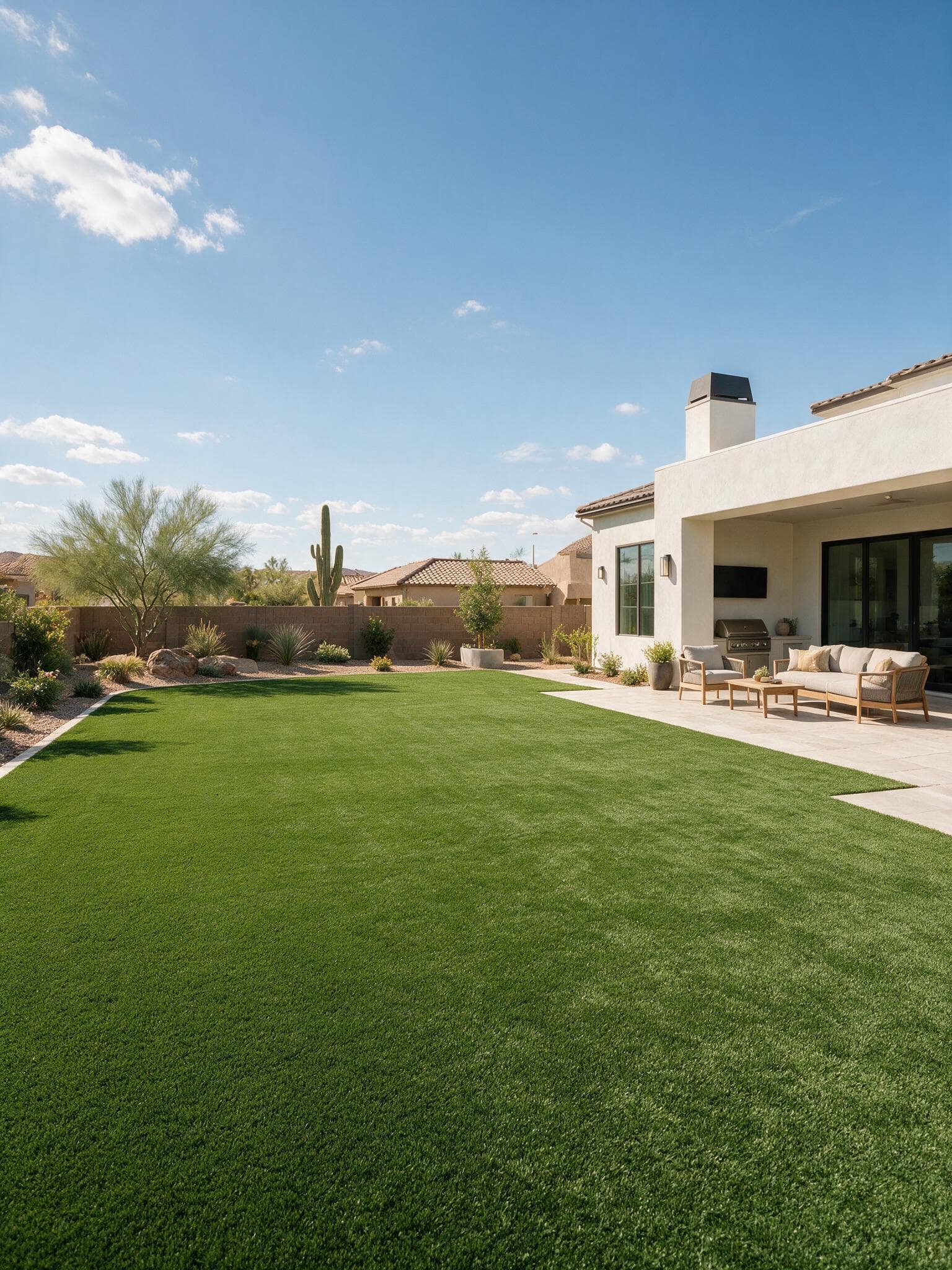 A wide artificial turf lawn beside a paved patio in a desert backyard.