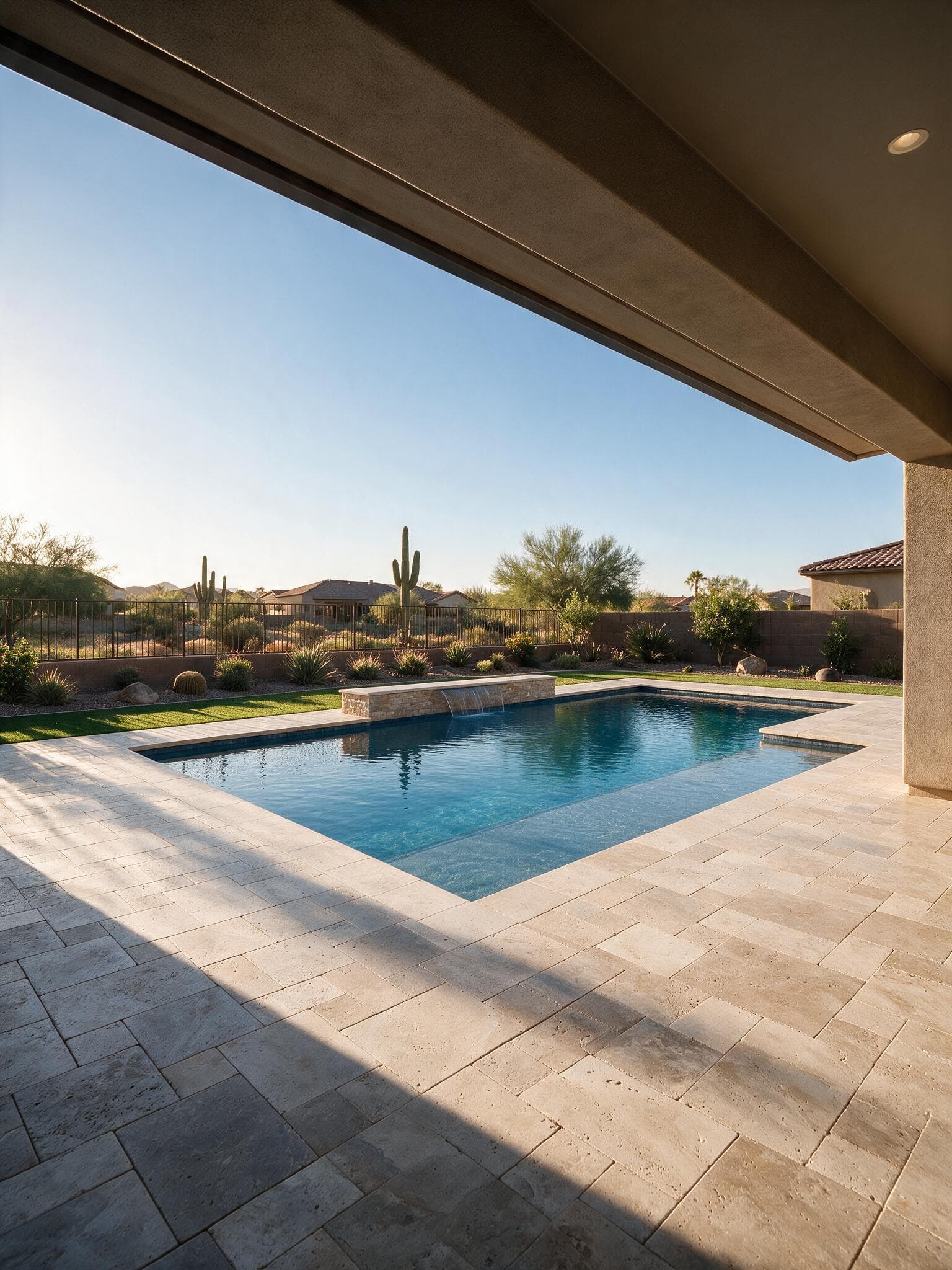 A travertine paver pool deck beside a swimming pool with a stone water feature, edged by artificial turf and desert planting.