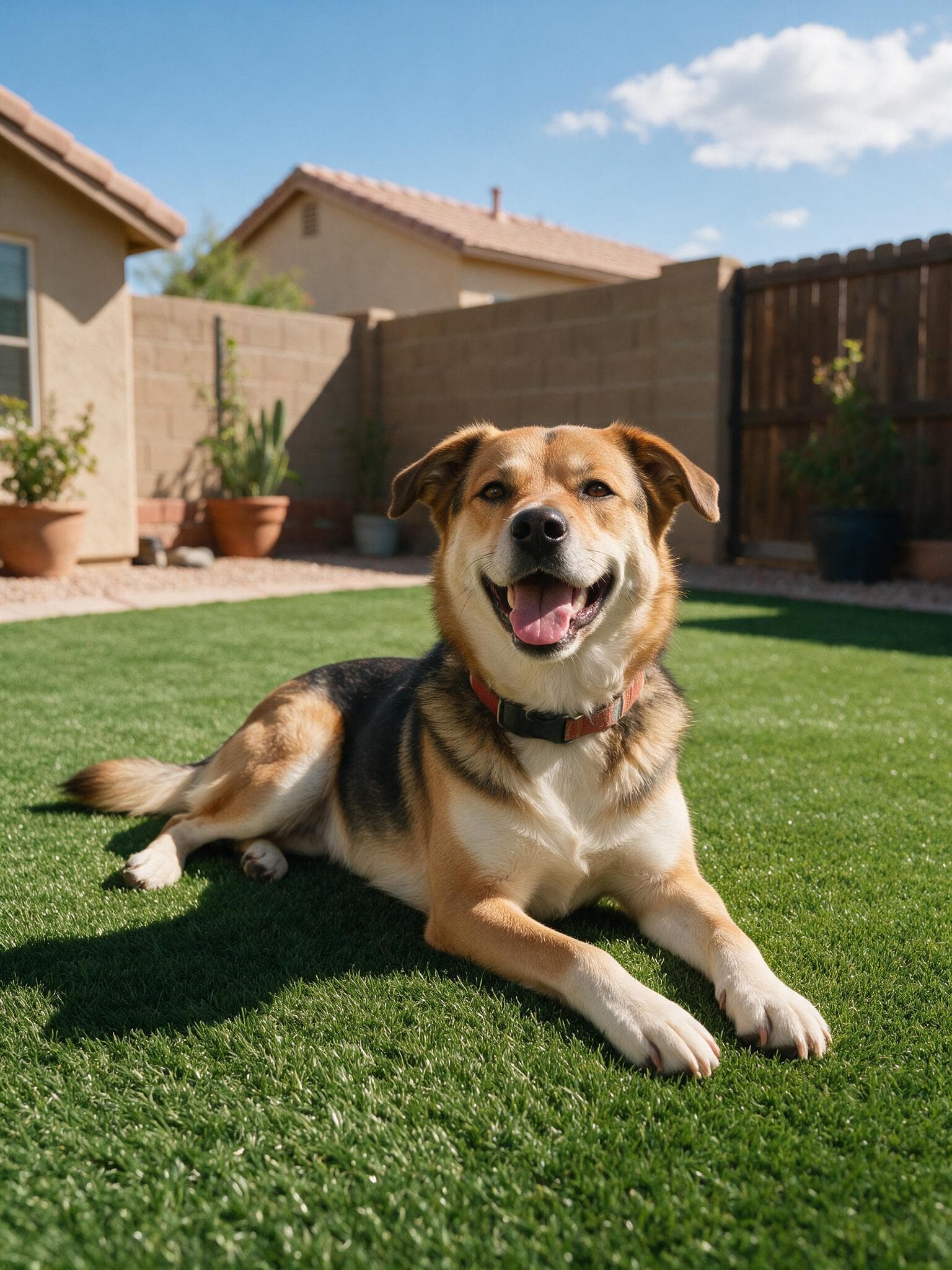 A dog lying on an artificial turf lawn in a walled backyard.